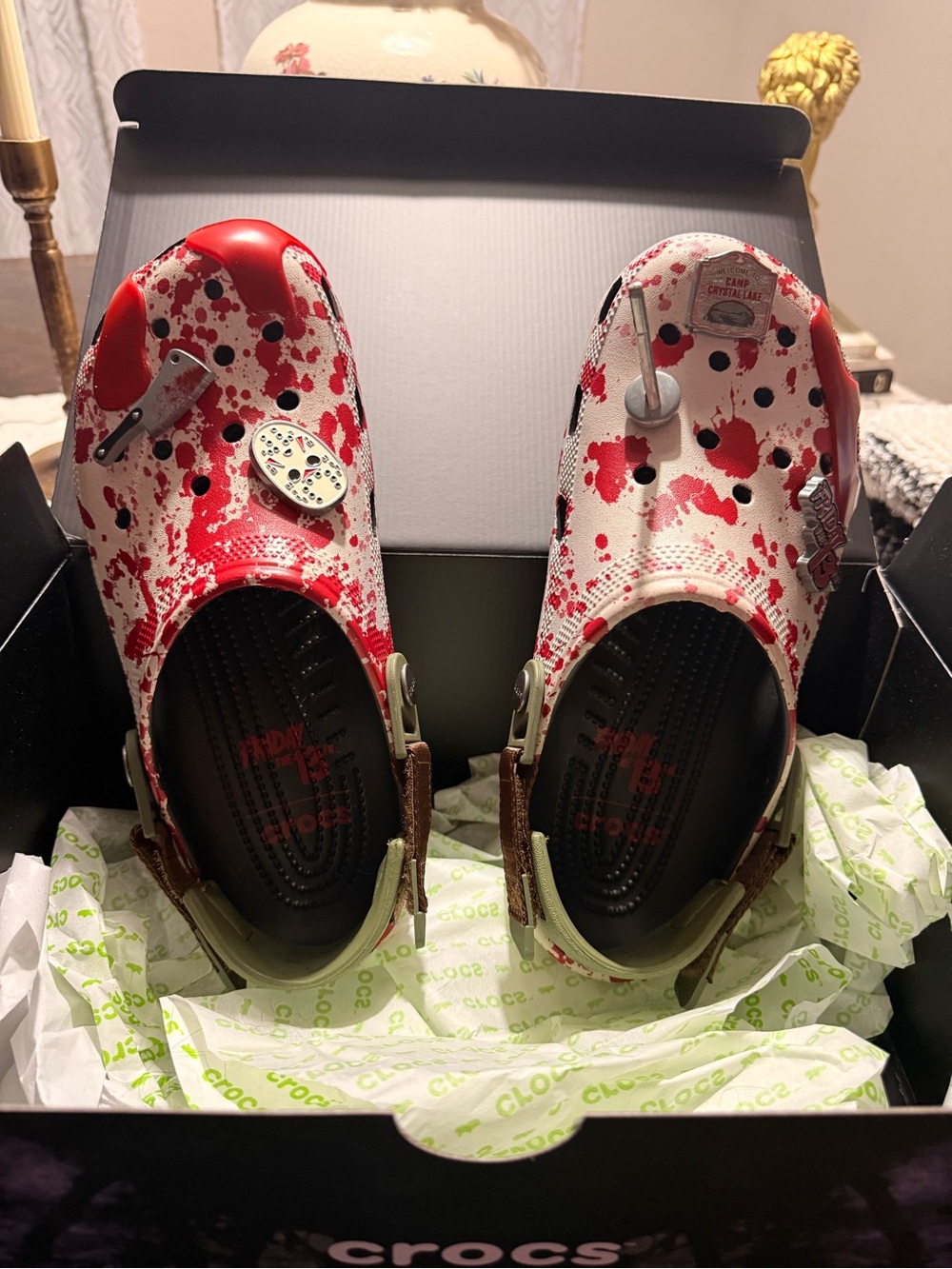 CROCS Men's Classic Clog with Red Paint-Splatter on White
